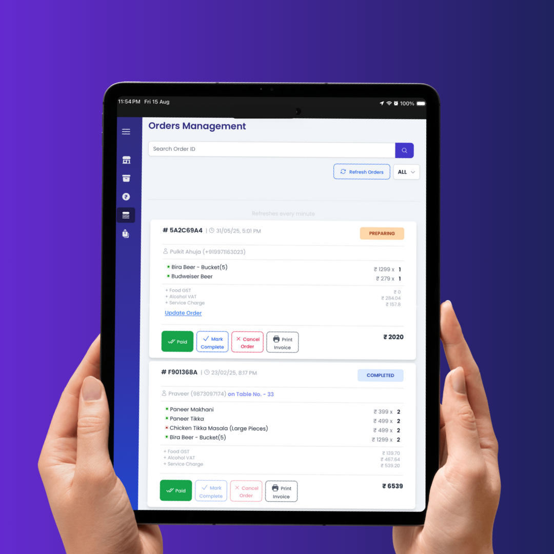 Tablet order management screen