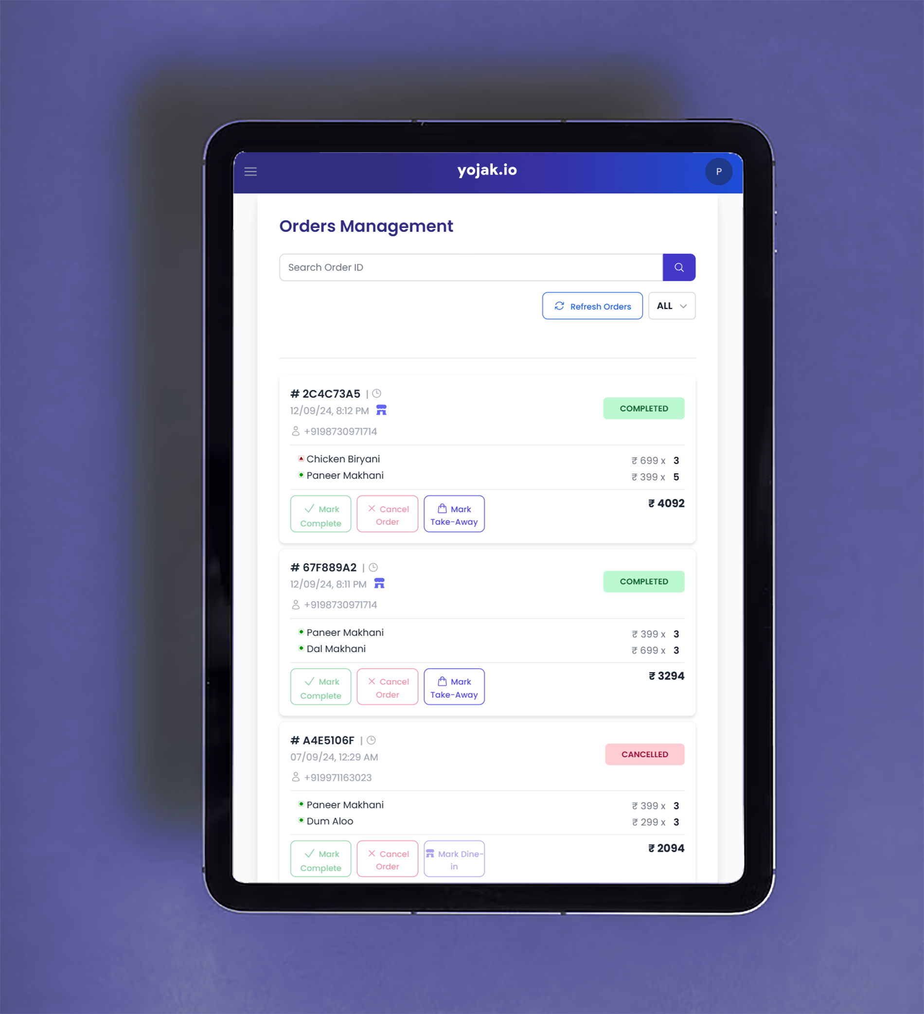 Tablet order dashboard